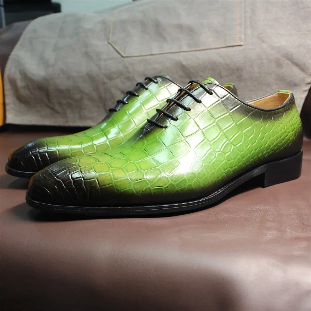 Men's Genuine Cow Leather Crocodile Print Business  Formal Wedding Shoes