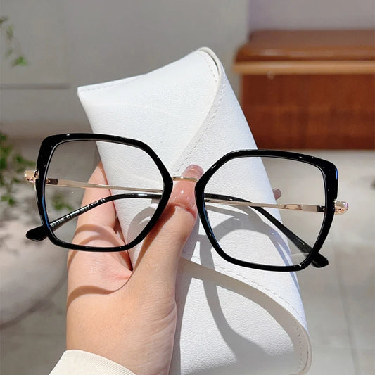 Fashion Oversized Black Frame Glasses - Blue Light Blocking Retro Metal Eyewear