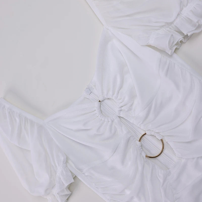 White Hollow Out Ruched Bodycon Mini Dress - Backless High Waist Party Dress