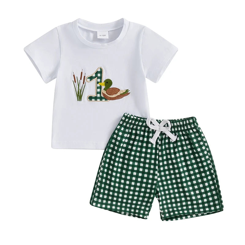 Baby Boys' Birthday Outfit Set - Cartoon Duck Letter Embroidery Short Sleeve Top & Plaid Shorts 2pcs