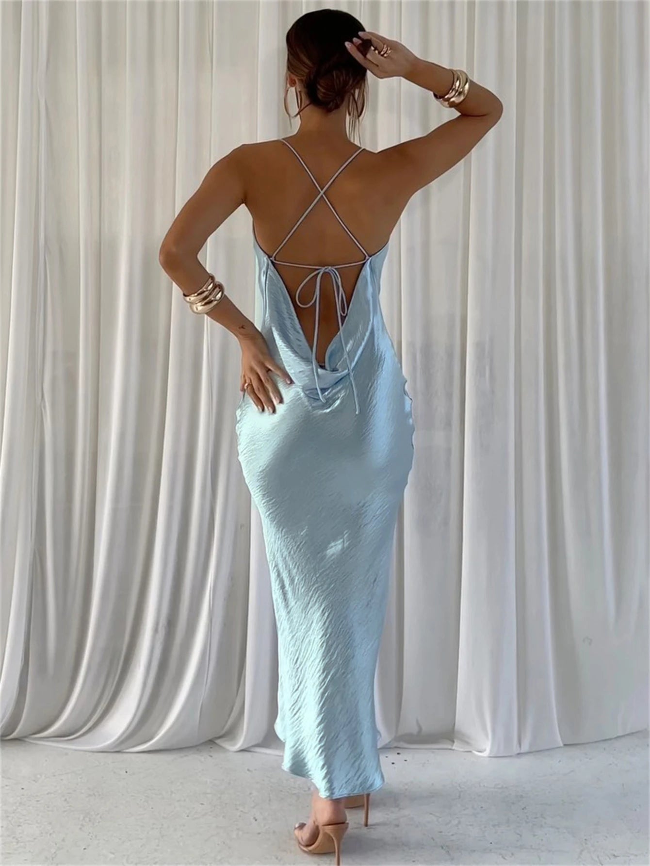 Women's Satin Backless Temperament Banquet High Waist Maxi Dress