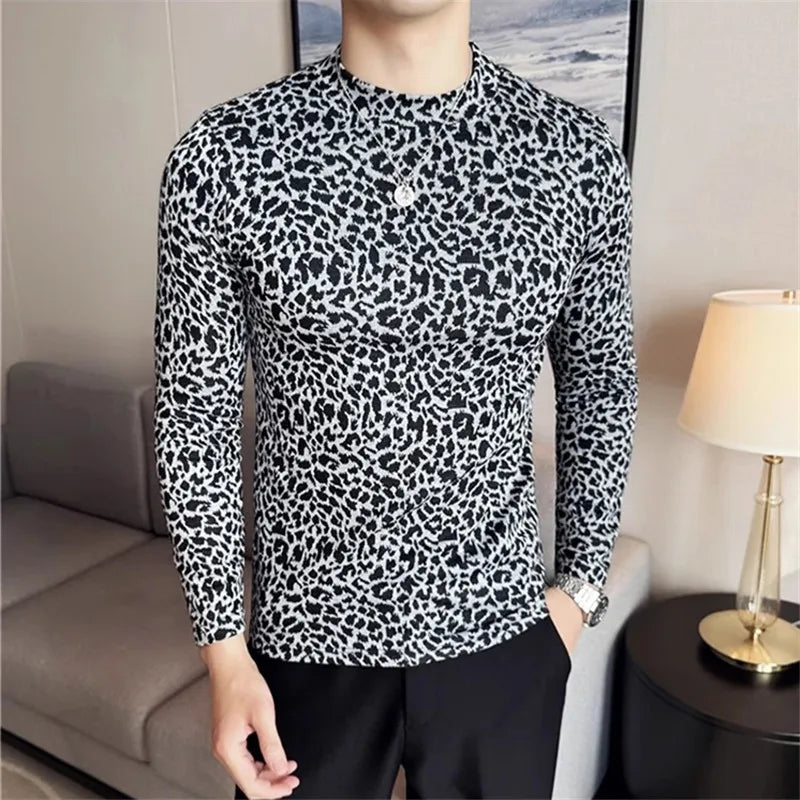 Men's Leopard Print Slim Fit Long Sleeve Mock Neck  Elastic T-shirt