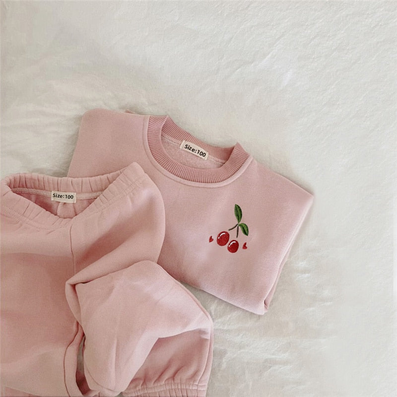 Children's 2Pcs  Embroidery Thicken Fleece Warm Sweatshirt and Pants Set Outfit