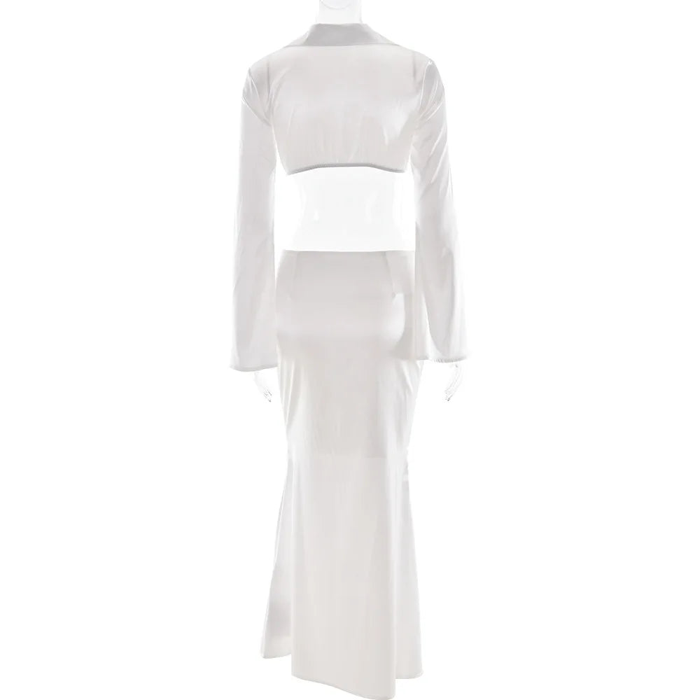 Women's Satin Long Sleeve 2 Piece Set - Deep V Neck Cropped Top & Matching Bottom