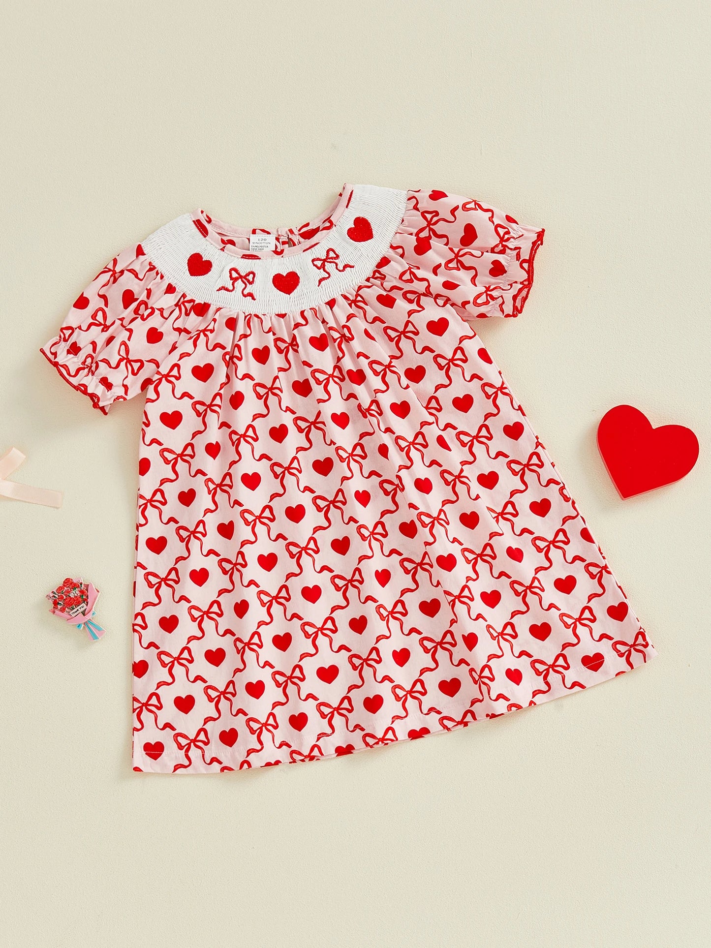 Little Girls Valentine's Day Short Sleeve Heart Embroidery Print A-Line Dress