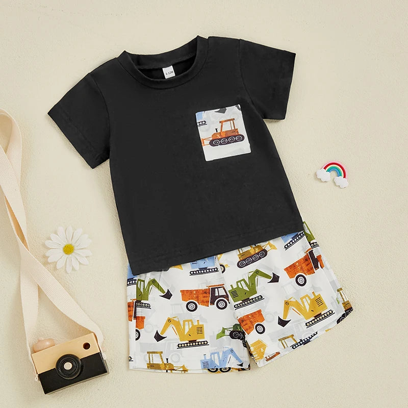 0-4Y Kids Boys Clothes Set Short Sleeve Excavators Print Pocket T Shirts Tops and Shorts Set
