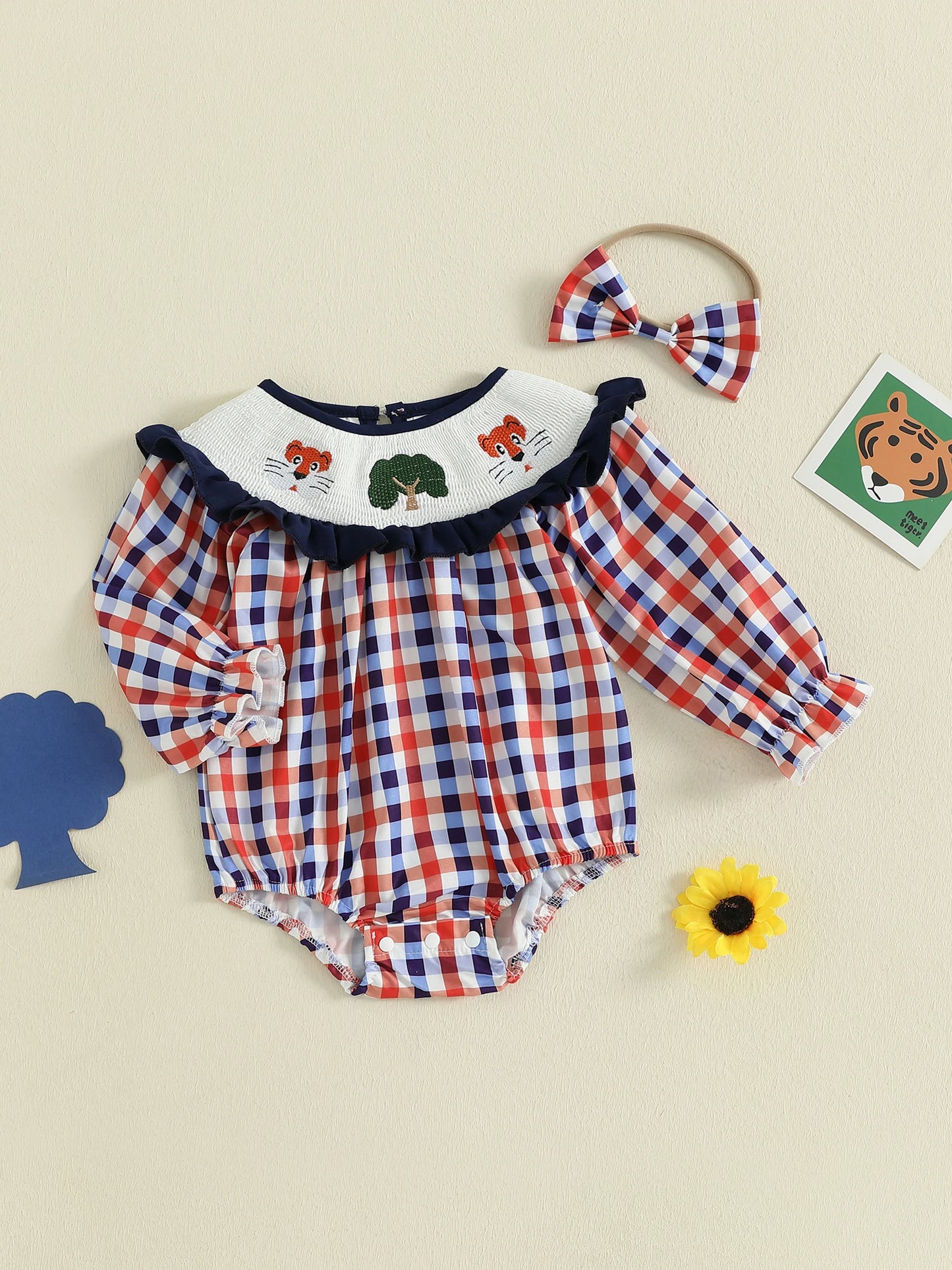 Toddler Baby Girls' Plaid Romper Dress - Animal Embroidery Smocked Jumpsuit with Headband