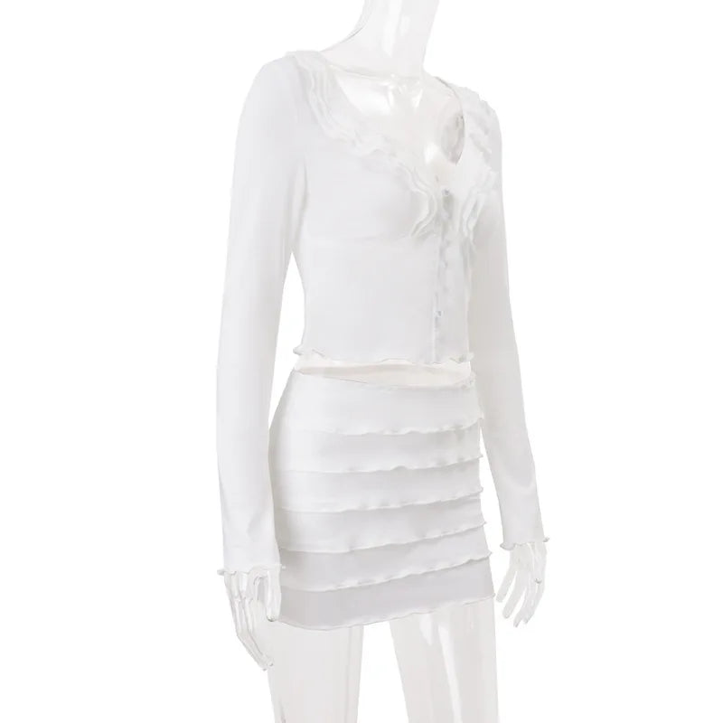 Women's Ruffled Detail Y2K 2 Piece Co-ord Set - Top and Mini Skirt