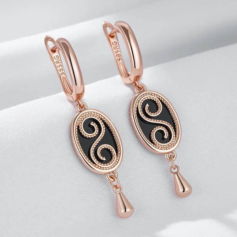 Women's 585 Rose Gold Colour  Vintage Black Stone Dangle Earrings