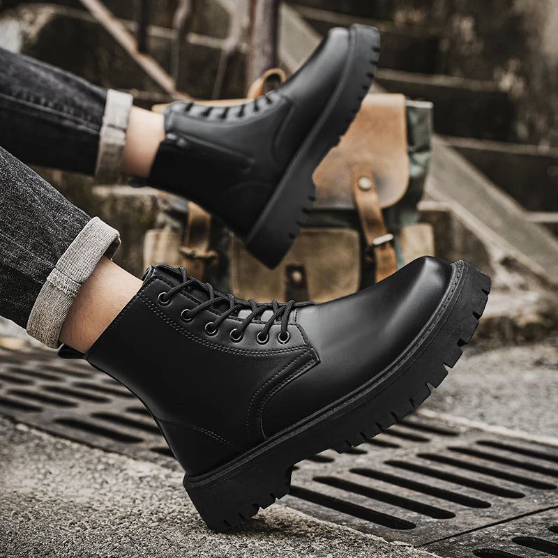 Men's Leather Platform Boots - Thick Sole Motorcycle Sneaker Boots