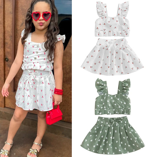 0-4Y  Kids Girl's Summer Clothes Set Fruit Print Flutter Sleeve Tank Top with Bow A Line Skirt