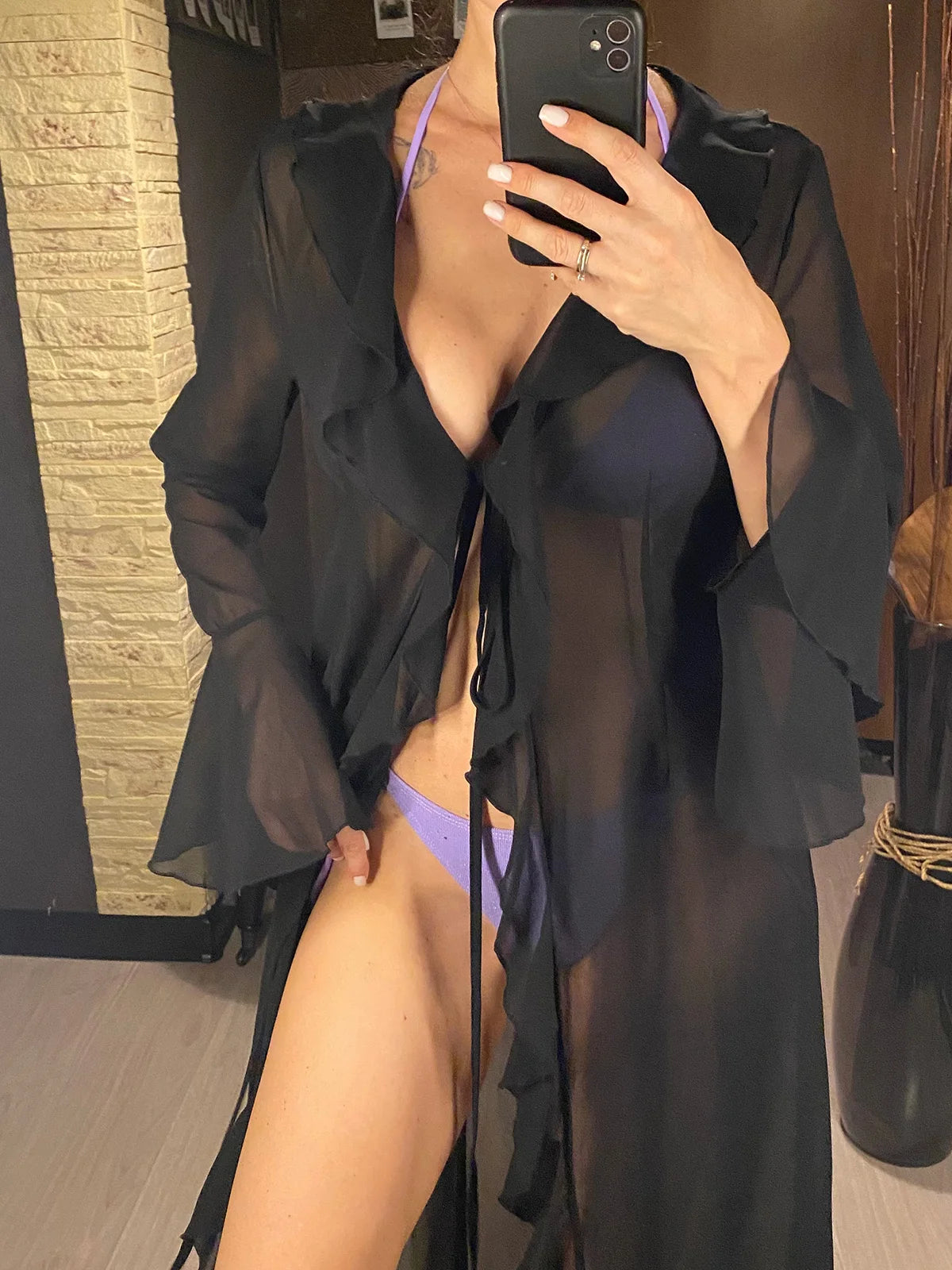 V Neck Ruffled Long Sleeve Chiffon Beach Cover Up Dress