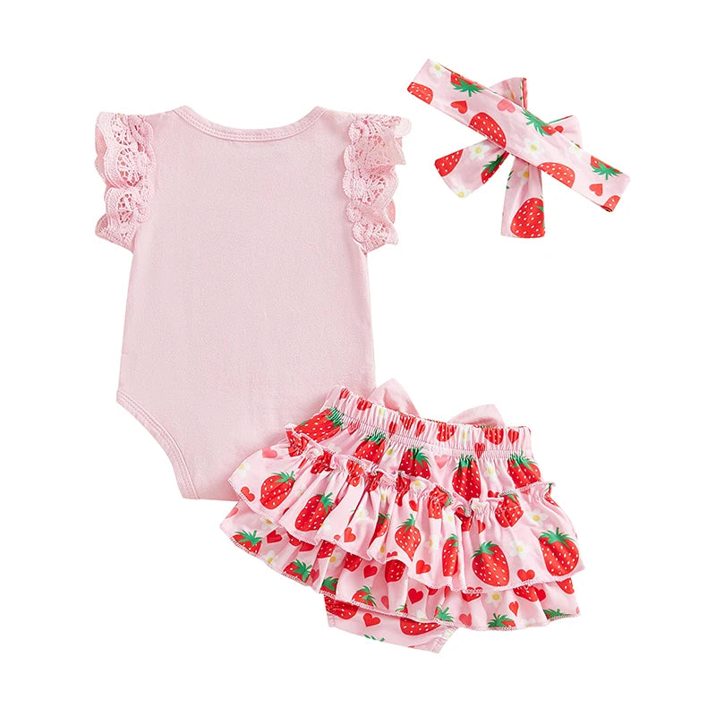 0-18M Baby Girls Summer Clothes Sets Flying Sleeves Letter Fruit Print Romper Tiered Ruffled Shorts with Headband