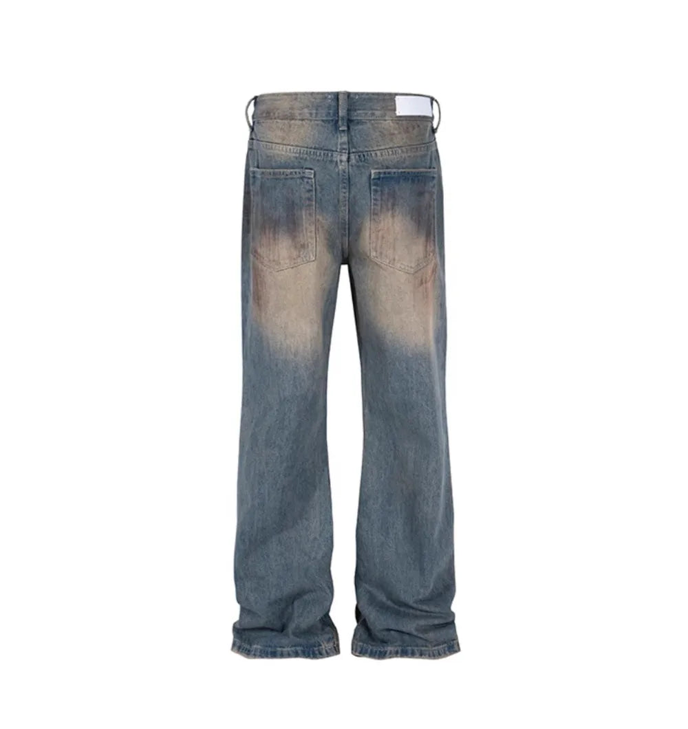 Men's Washed Stained Sprayed Distressed Dirty Frayed Loose Denim Jeans