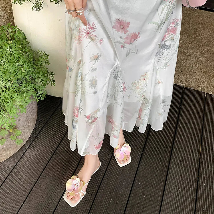 Women's 3D Flower Beach Slippers - Square Toe Heel Sandals