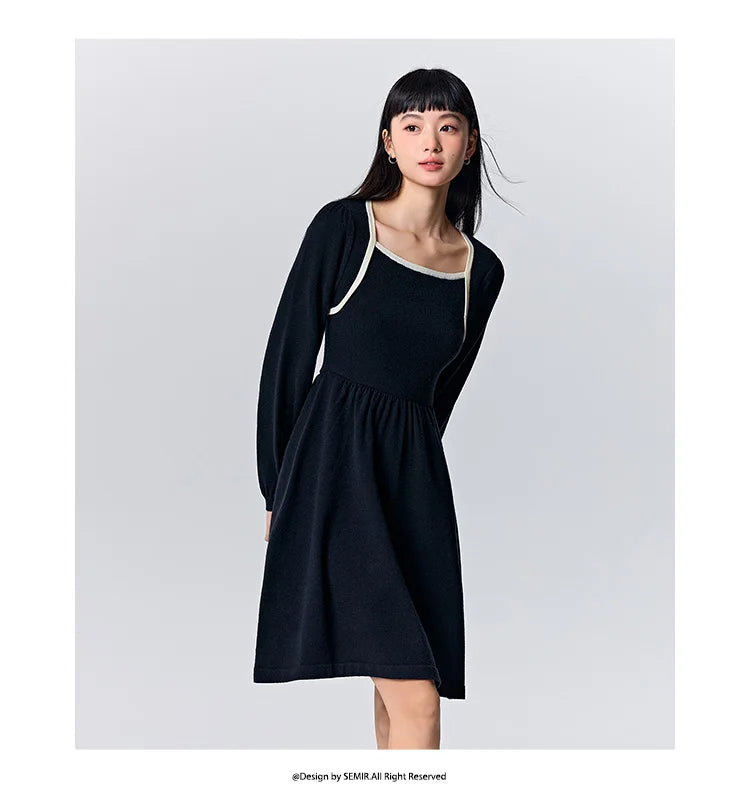 Women's Color Block Knit Dress - Square Neck French Style Slim Fit Winter 2025