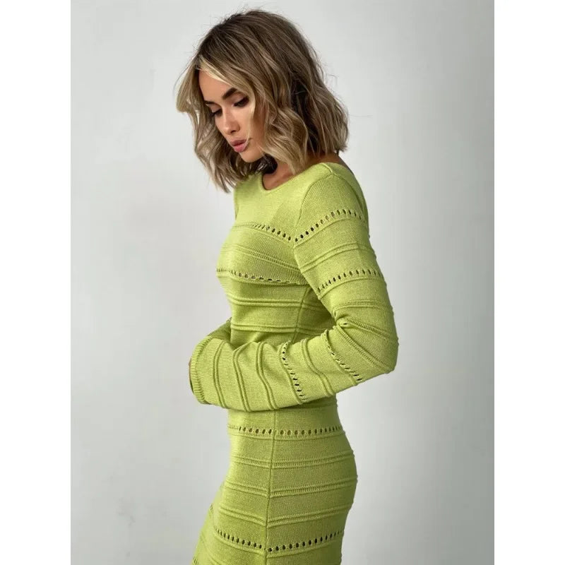 Women's Striped Hollow Two-Wear Knitted Long Dress  Sweater Dress