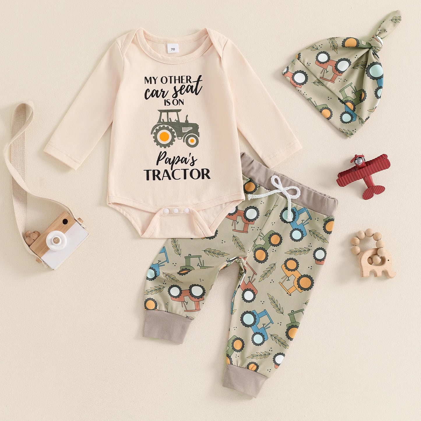 0-18M Newborn Baby Boys 3-Piece Clothing Set - Long Sleeve Romper with Tractor Pants and Hat