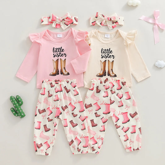 Baby Girls Western Fall Winter Outfit Set - Long Sleeve Romper, Boot Print Pants & Bow Headband (0-18M)