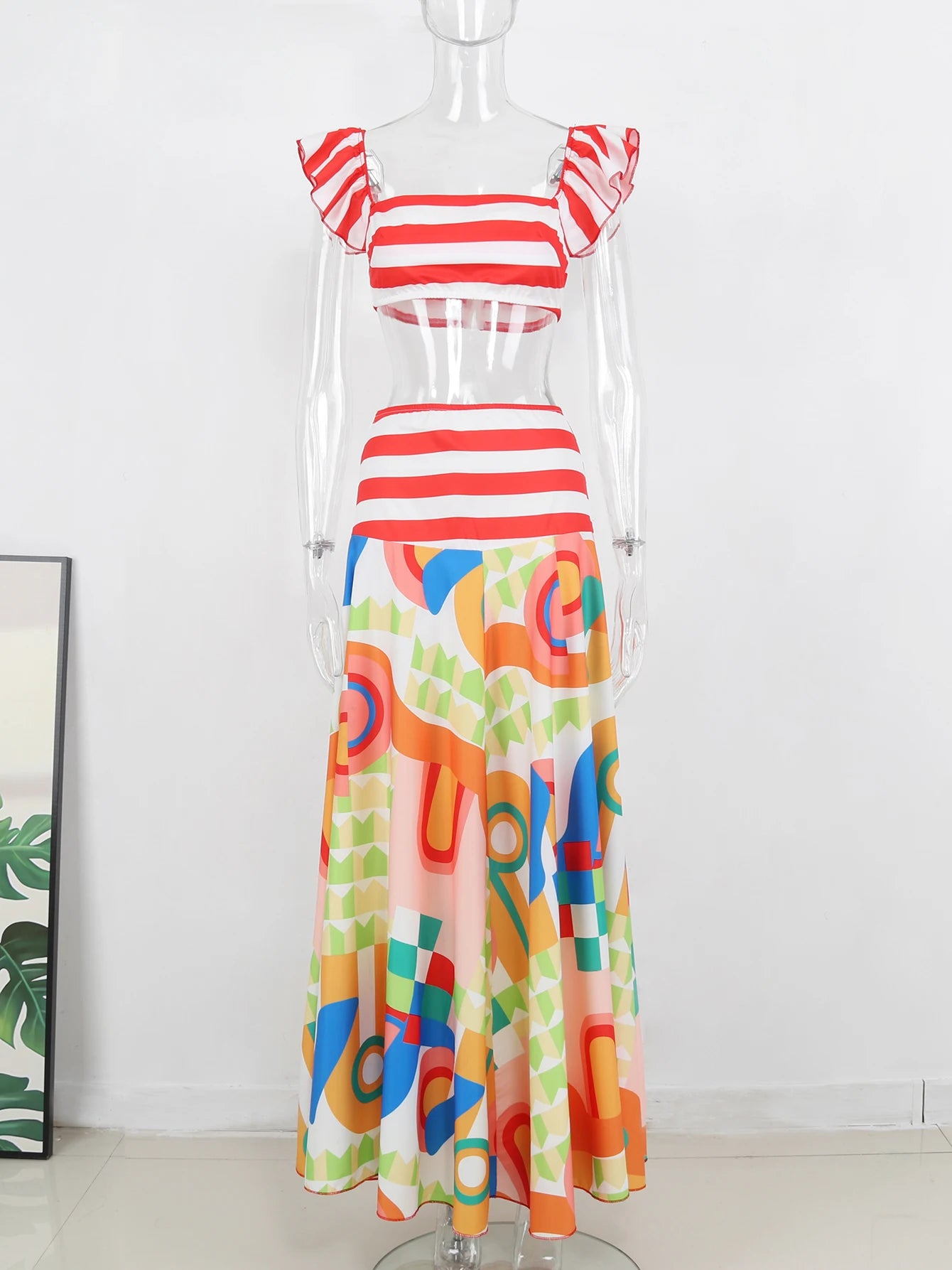 Women's Square Collar Flying Sleeve Crop Top & High Waist A-Line Maxi Skirt Set
