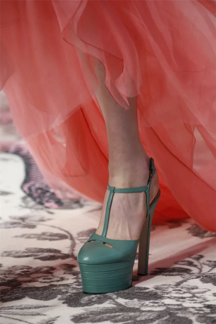 Women's Leather Platform Sandals - Wedge Heel Rivet T-Strap Sandals