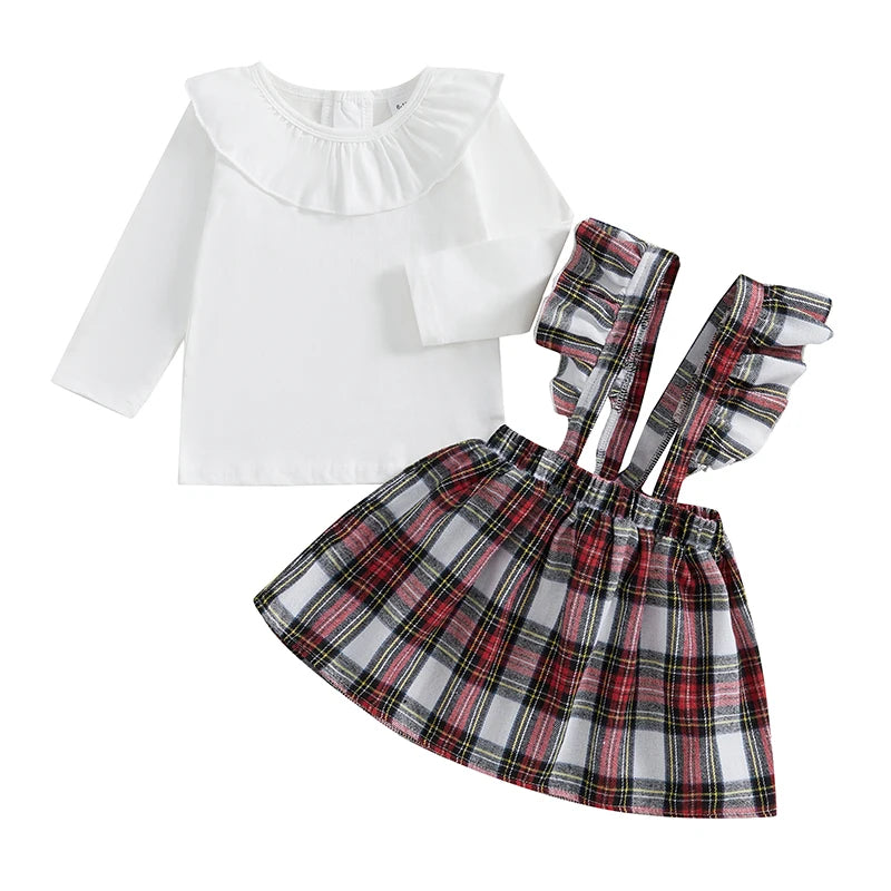 Christmas Ruffled Top and Plaid Suspender Dress Set - Baby Girls 2-Piece Outfit
