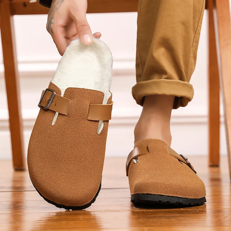 Winter Plush Slippers - Men's Warm Closed Toe Buckle Design Clogs
