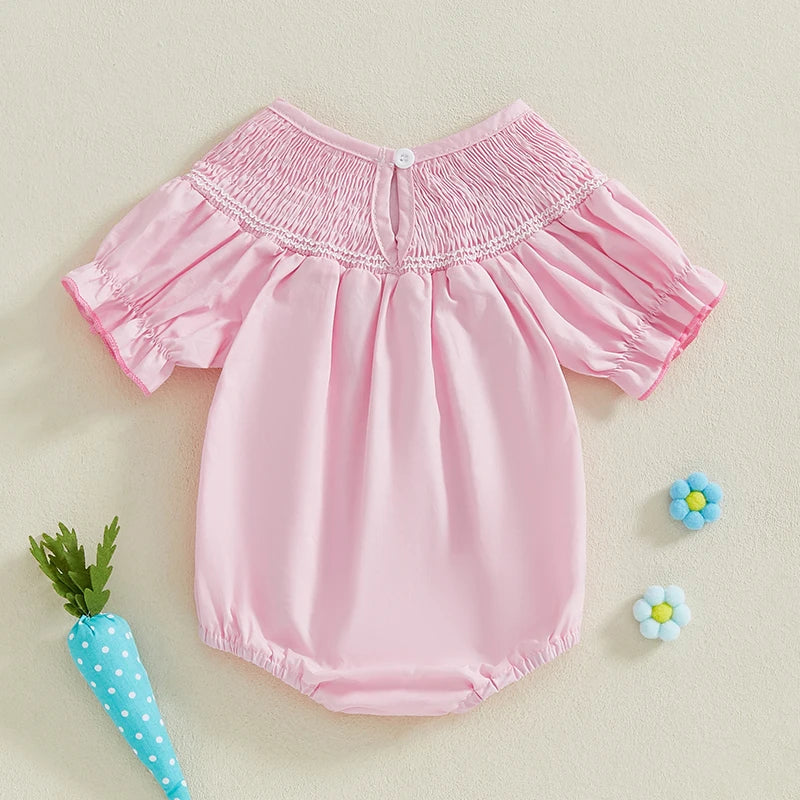 Baby Girls Easter Romper - Ruffled Sleeve Rabbit Embroidery Smocked Jumpsuit