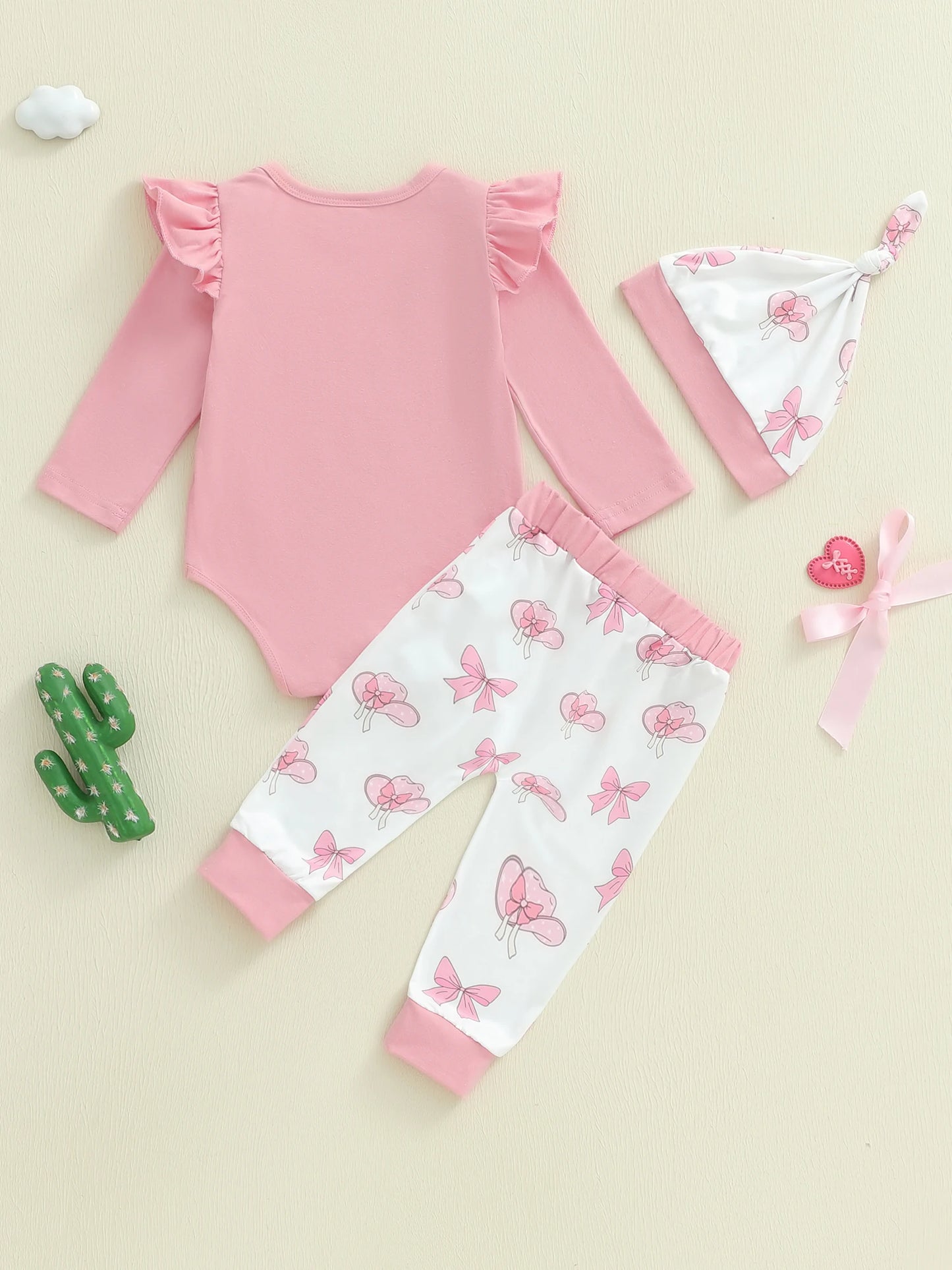 Baby Girls Western Fall Winter Clothes Set - Long Sleeve Boots Letters Print Romper with Bow Pants & Hat