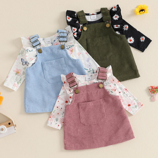 0-18M  Baby Girls Clothes Set 2pcs Floral Print Long Sleeve Ruffled Trim Romper Corduroy Overalls Dress