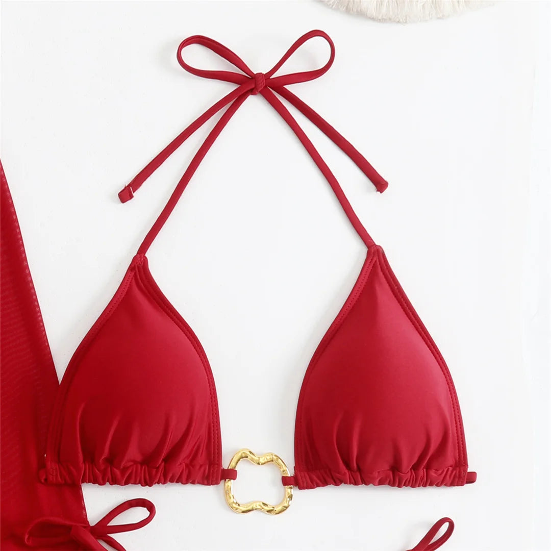 Women's Long Sleeve Cover Up Skirt Halter Bikini Swimsuit Swimwear Four-pieces Bikini Set