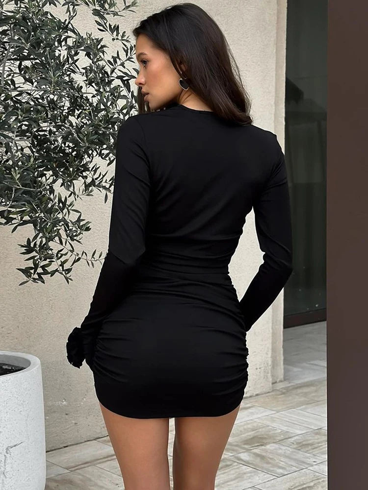 Women's Floral  Long Sleeve Ruched Elegant Bodycon Mini Tight Outfit Dress