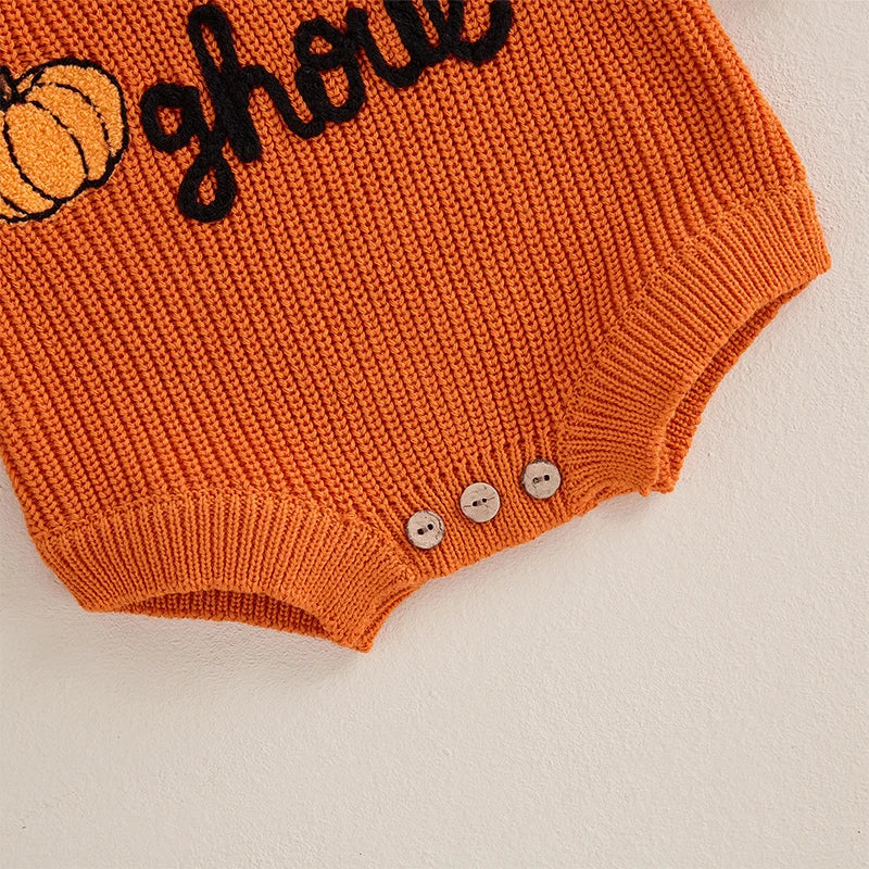 0-12M Baby Girls Boys Halloween Sweater - Romper Letter Ghost Embroidery Crew Neck Long Sleeve Jumpsuit