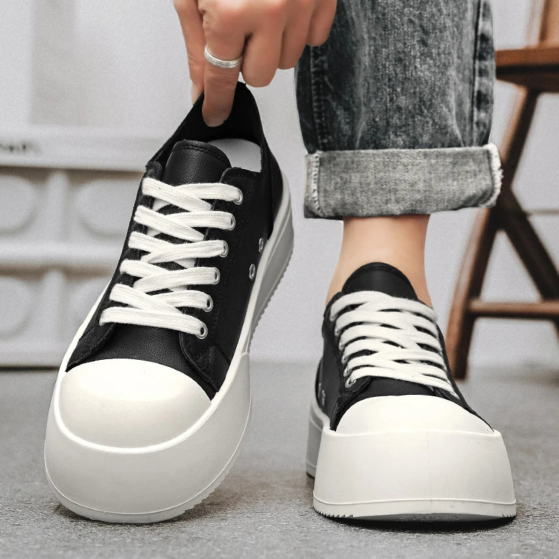 Men's Leather Platform Sneakers - Vulcanized Tennis Sports Shoes