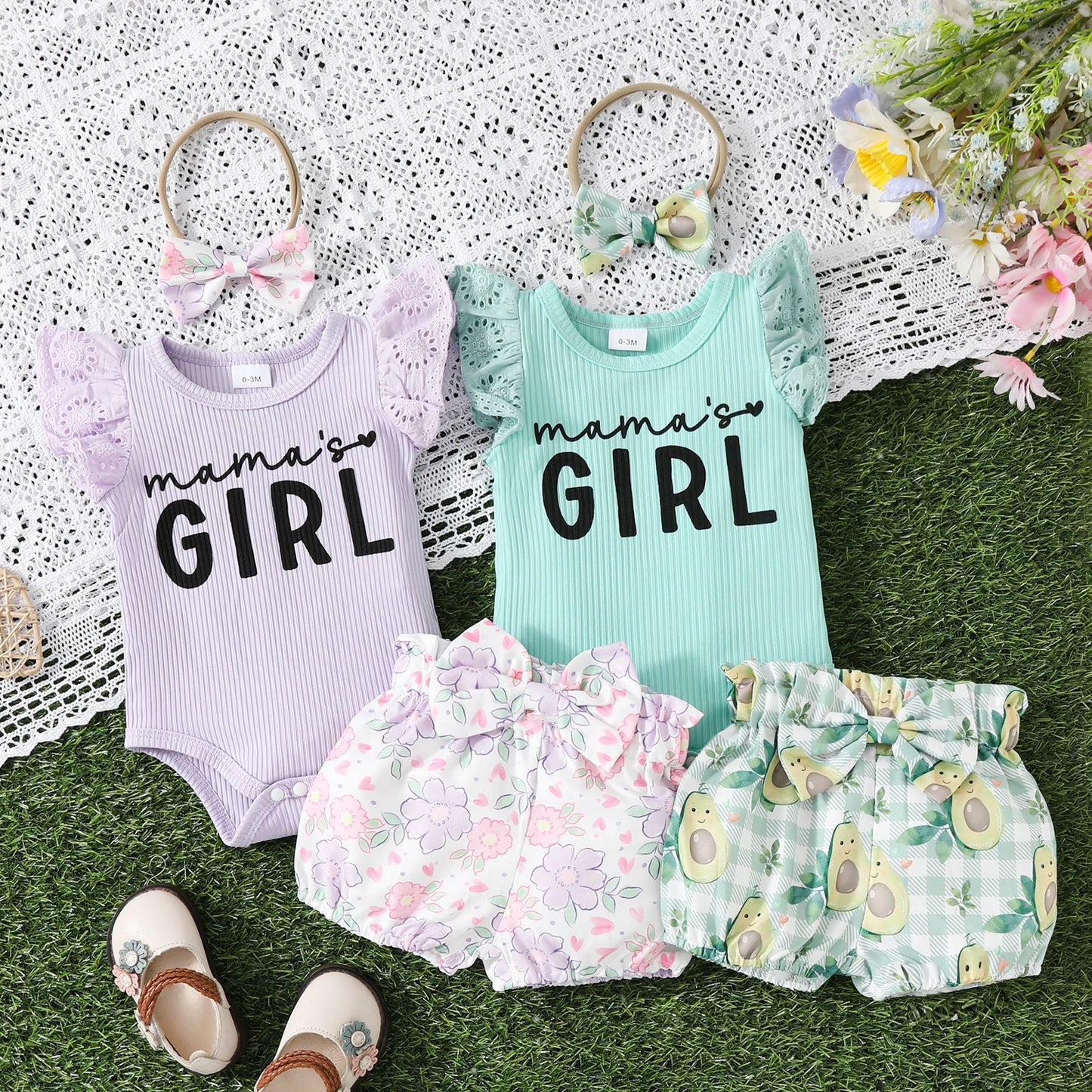 3pcs Baby Girls Summer Clothes Sets - Lace Fly Sleeve Letter Print Ribbed Romper Floral/Fruit Shorts with Headband