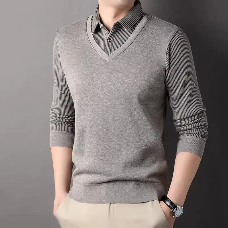 Men's Winter Fleece Knit Sweater - Smart Casual Layered Collar Pullover