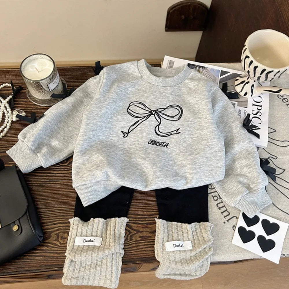 Kids Clothes Girl's Autumn Outfit Round Neck Long Sleeved Bow Print Top and Casual Bottom Pants Two-piece Set