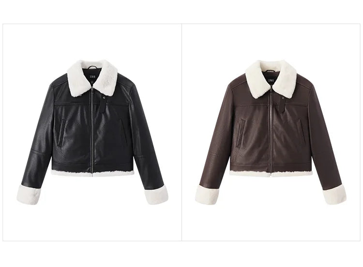 Quilted Faux Leather Cropped Jacket - Women's Winter Outerwear