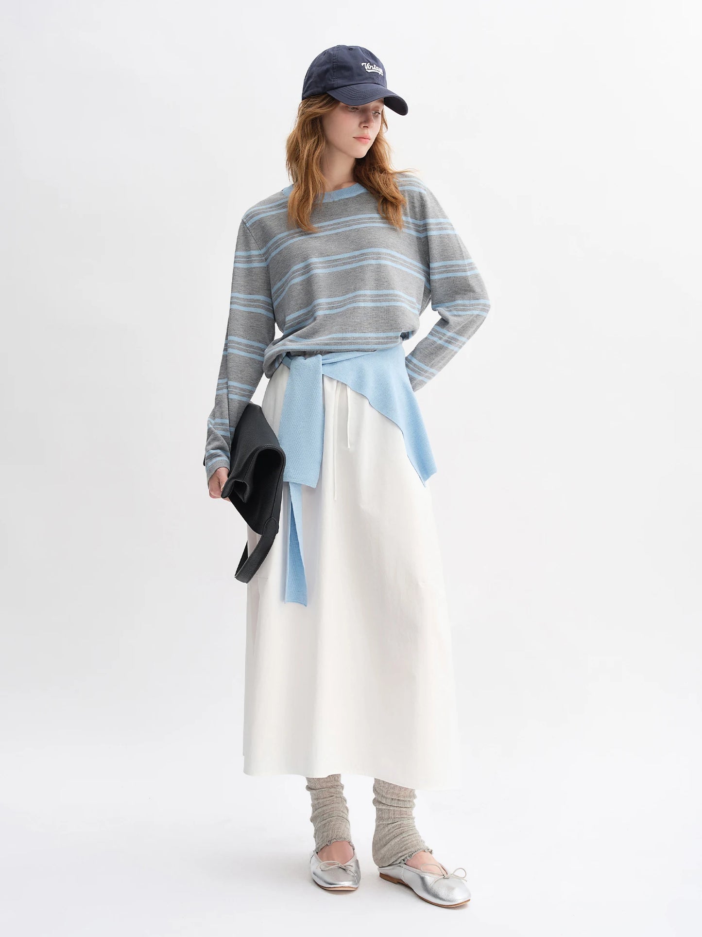 Striped Shawl and Sweater Skirt Set - Contrasting Knit Two-Piece