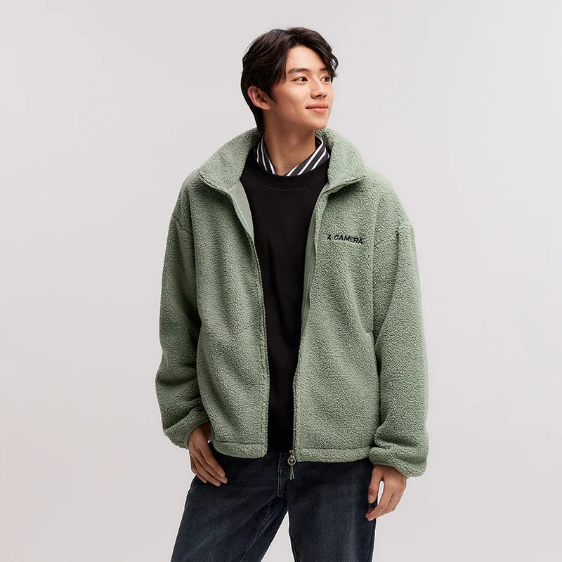 Men's Loose Fit Fleece Jacket - Plush Embroidered Stand Collar Winter Coat