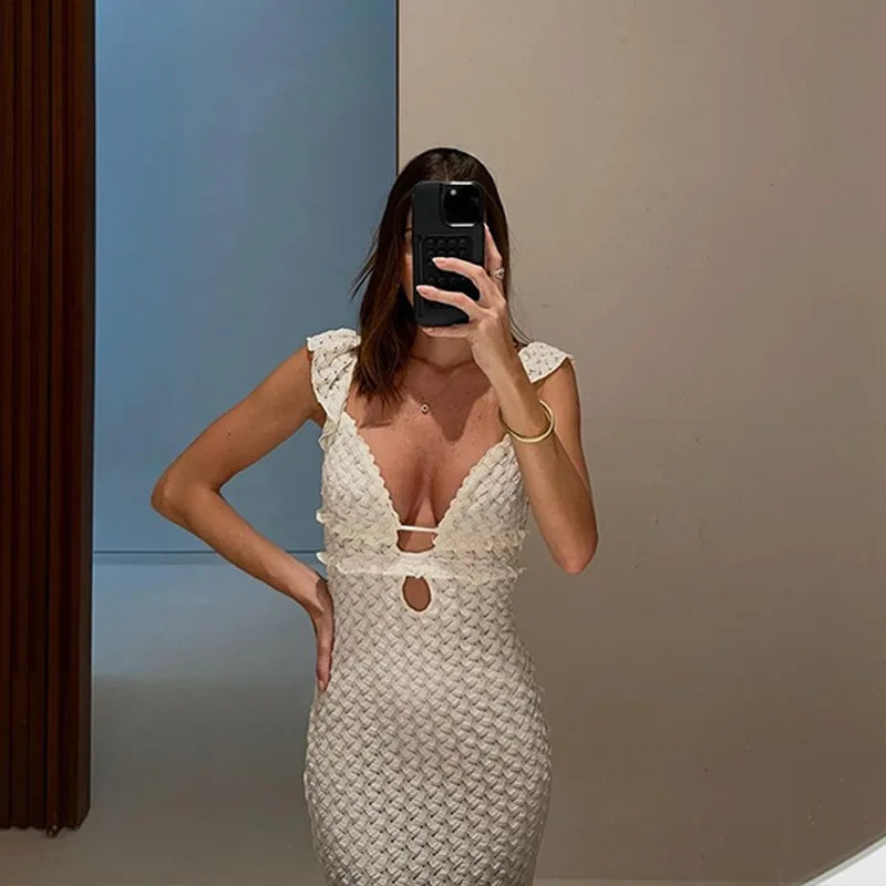 Elegant Tie Detail Cut Out Backless Dress - Women Summer See Through Sleeveless Dress