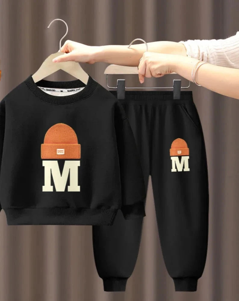 Children's Plush Letter Sweater Long sleeved Pants Two Piece Set