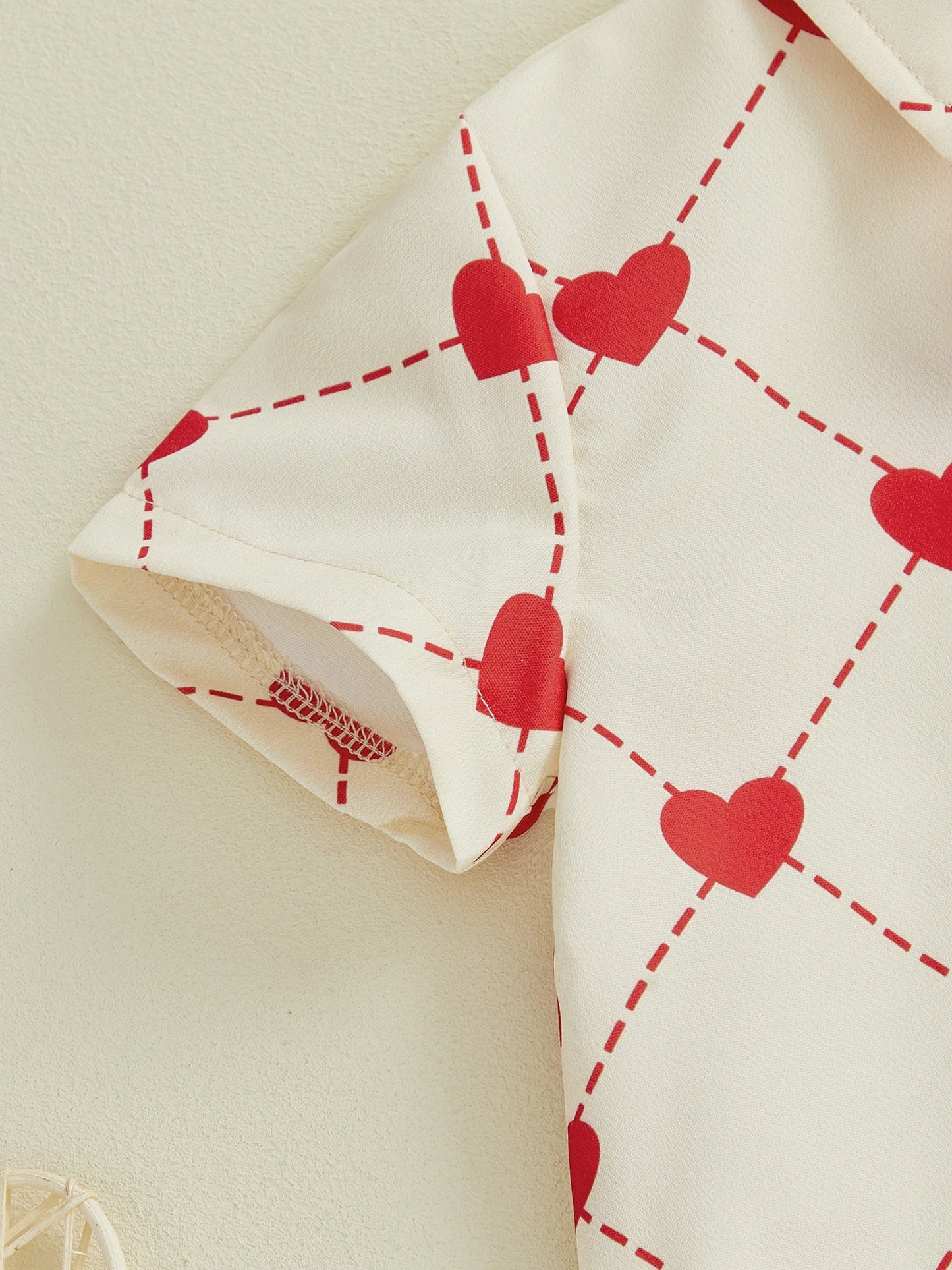 Valentine's Day Baby Boy Outfit Set - Heart Print Bowtie Shirt & Solid Shorts