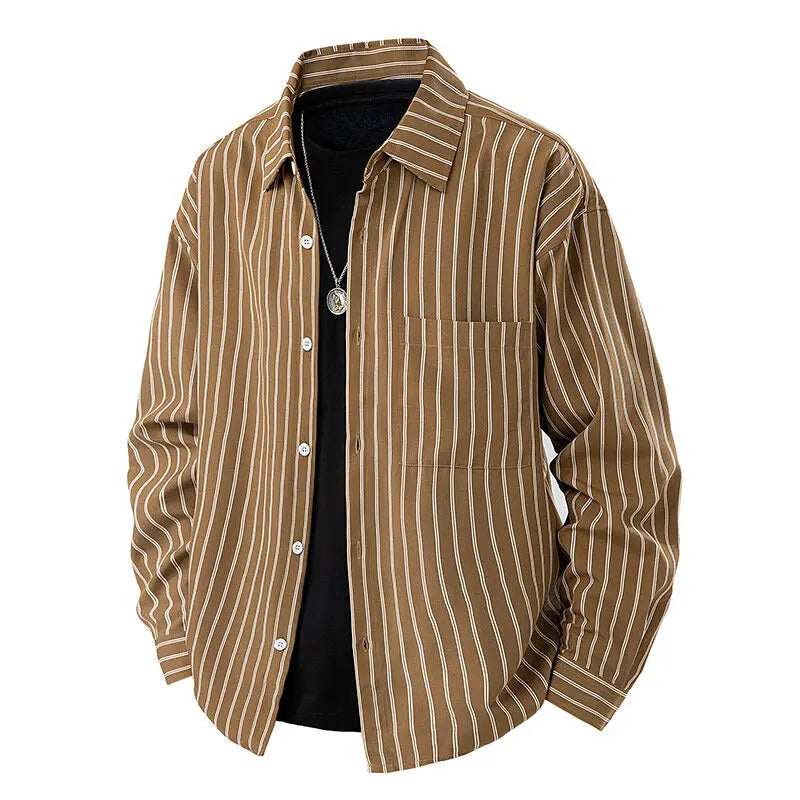 Men's Japanese Style Striped Casual Shirt - Long Sleeve Turn Down Collar
