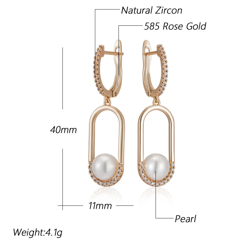 Women's  Unique Geometric Natural Zircon 585 Rose Gold Pearl Long Drop Earrings