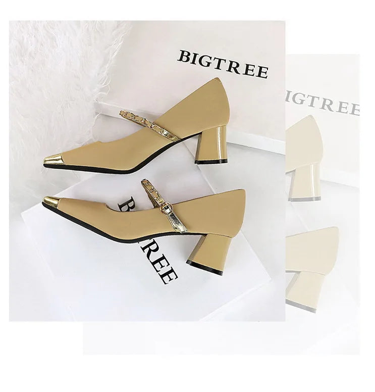 Women's Square Toe Metal Chain Temperament Mary Jane Middle Heel Shoes