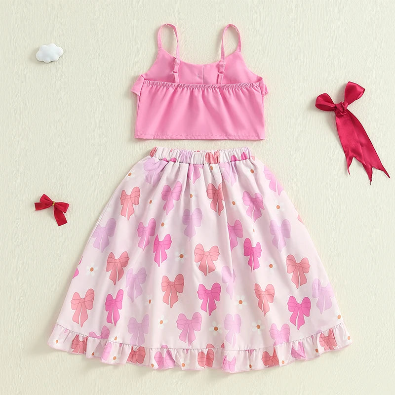 Girls' Floral Print Sleeveless Camisole & Bow Ruffle High-Low Skirt Set