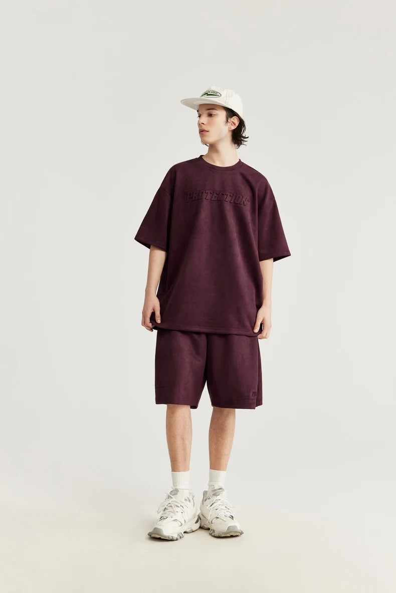 Unisex Oversized Suede Fabric Embossed T-shirts and Shorts Set