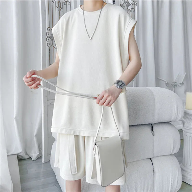 Summer Solid Colour Sleeveless Loose Casual Streetwear Round Neck Vest Set