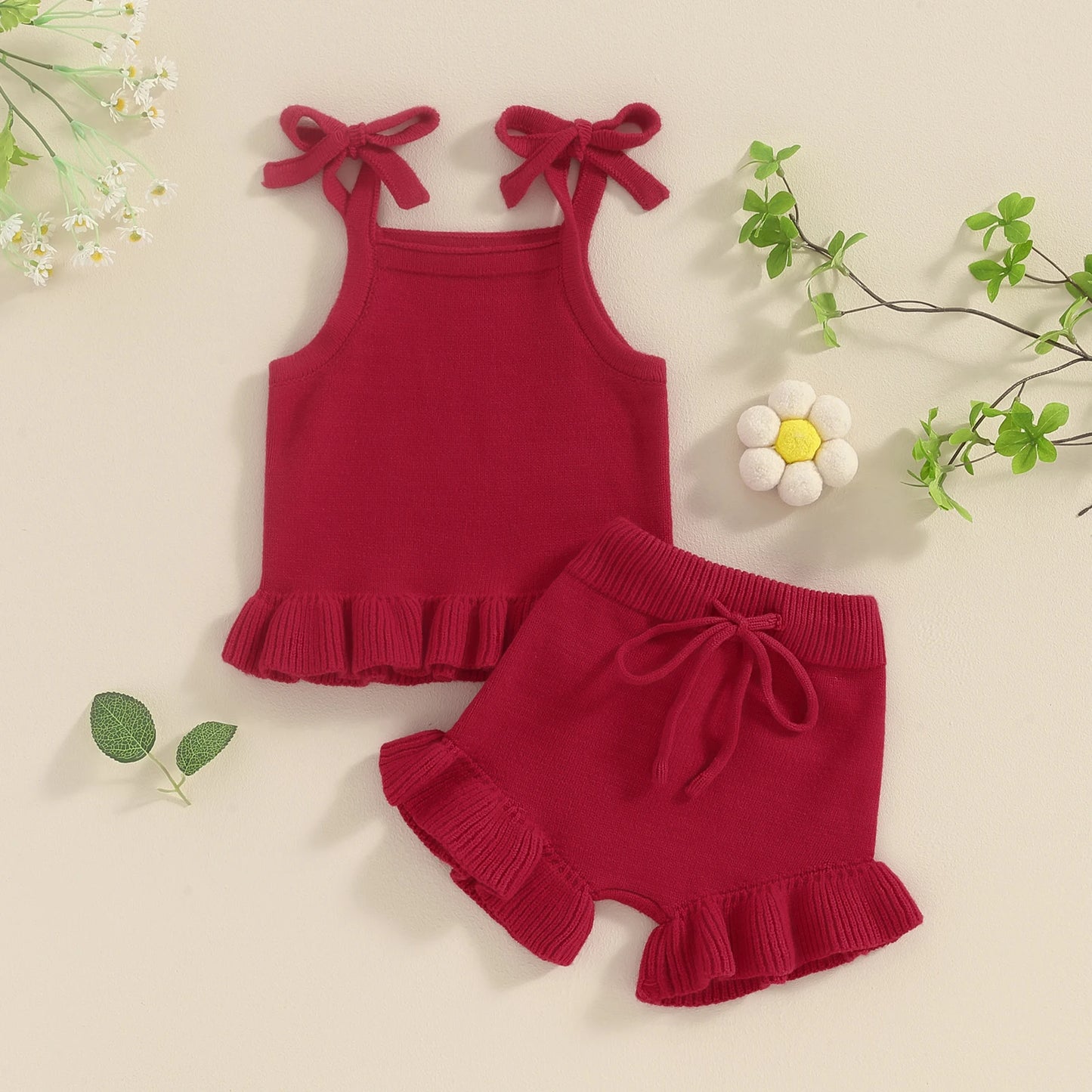 0-18M Infant Baby Girls Knit Clothes Sets - Solid Sleeveless Cami Tops with Elastic Waist Shorts 2Pcs Set